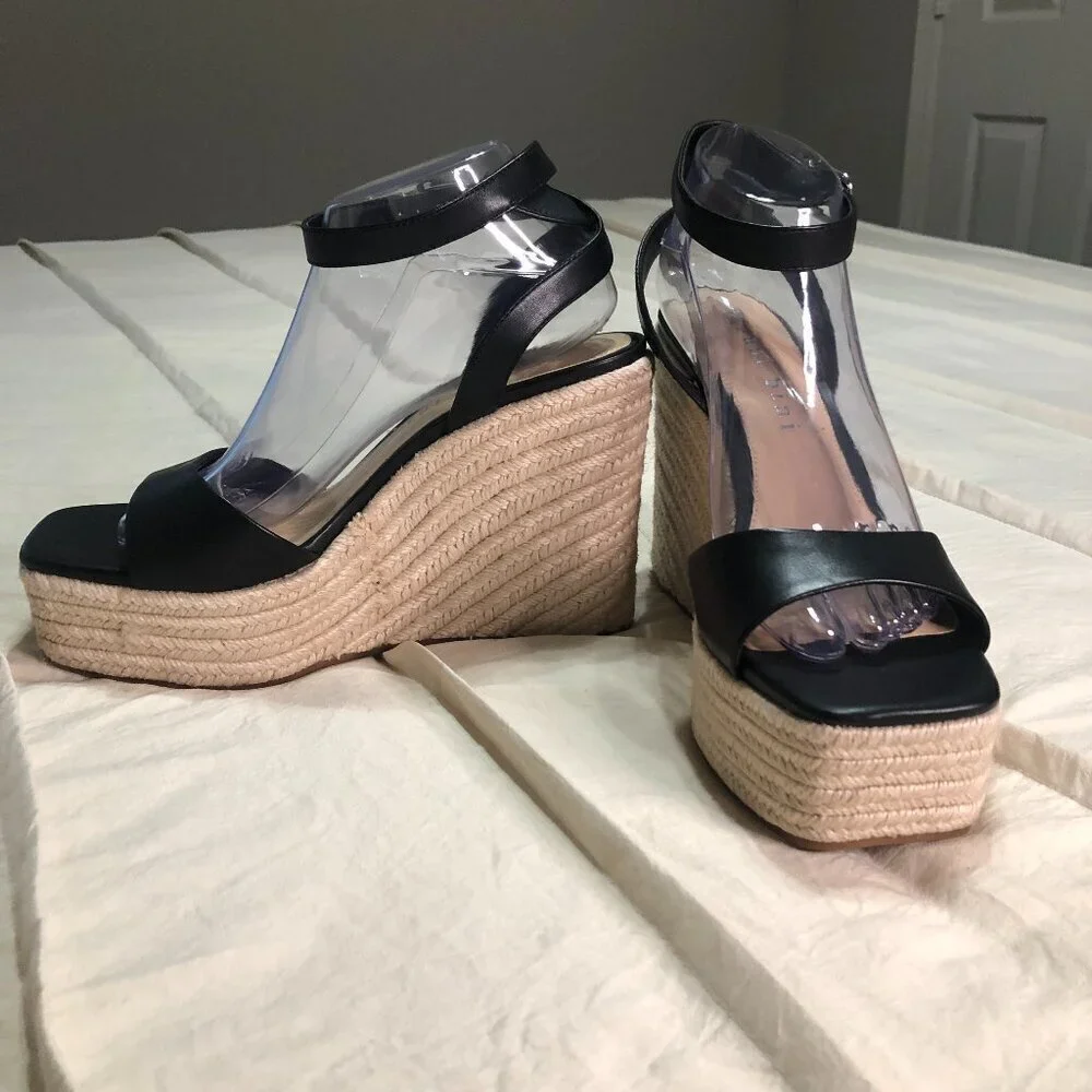 Gianni Binni black Senna Leather Jute Platform Wedge Sandals size 10M -brand new